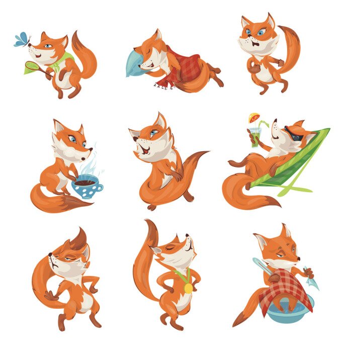 Sticker Set of cute colorful fox character in different actions