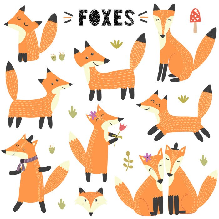 Sticker Set of cute foxes. Great for children and kids design. Vector illustration
