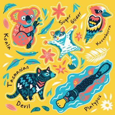 Sticker Set of decorative australian animals stickers, badges, icons, patches, design elements. Vector illustration