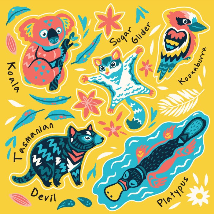Sticker Set of decorative australian animals stickers, badges, icons, patches, design elements. Vector illustration