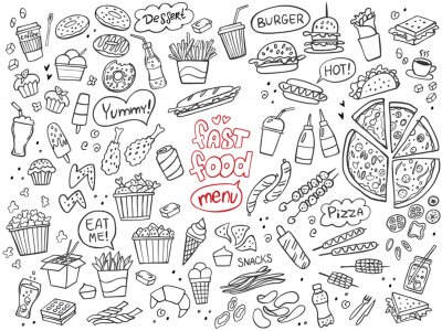 Sticker Set of fast food doodles on white. Vector illustration. Perfect for menu or food package design.