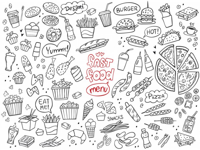 Sticker Set of fast food doodles on white. Vector illustration. Perfect for menu or food package design.