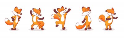 Sticker Set of five hand-drawn foxes. Illustrations with animals' emotions. Sticker pack isolated on white background. Animal with arms akimbo, Karate fox, inspired, surprised and calming someone characters.