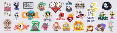 Sticker Set of funny cartoon varied skull stickers.