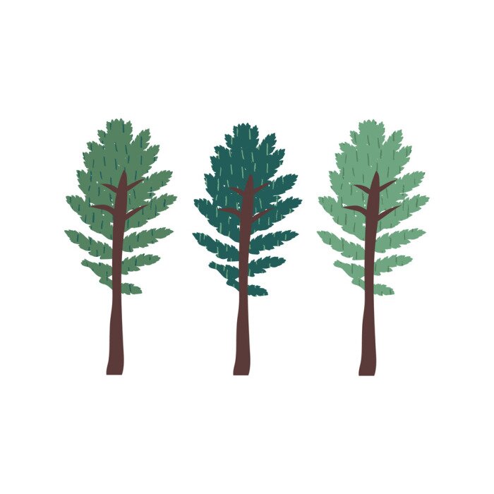 Sticker Set of green trees doodle drawing. Minimal concept of sustainable living, eco forest. Cute plants with texture. Hand drawn flat vector illustration in cartoon style isolated on white background