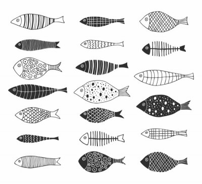 Sticker Set of hand drawn doodle fishes for kids design. Scandinavian outline style. Vector isolated illustration.
