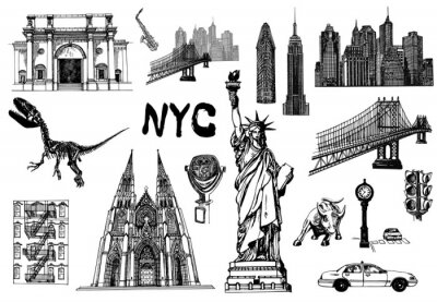 Sticker Set of hand drawn sketch style New York themed isolated objects. Vector illustration.