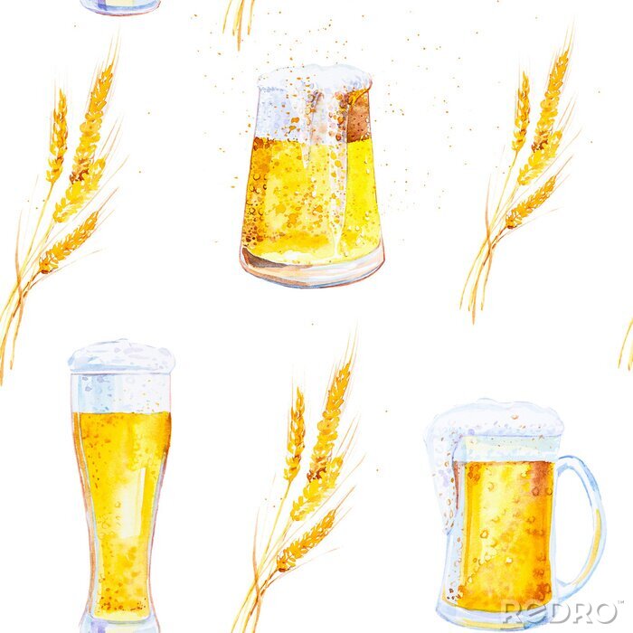 Sticker Set of mugs filled with beer with foam and ears of wheat with crumbs. Watercolor illustration isolated on white background.Seamless pattern