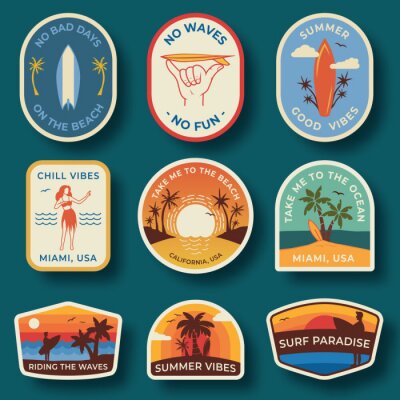 Sticker Set of nine beach badges. Hand drawn palm trees and beach elements in retro style. Summer labels, badges and icons