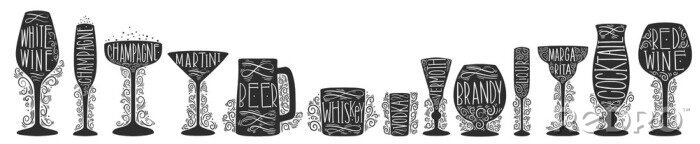 Sticker Set of silhouette images of glass glasses for different drinks. Shape stemware lettering text.