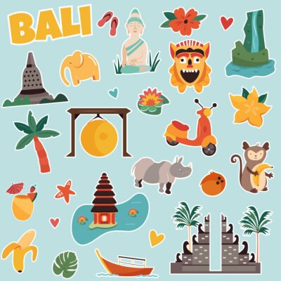 Sticker Set of stickers with Bali landmarks and elements