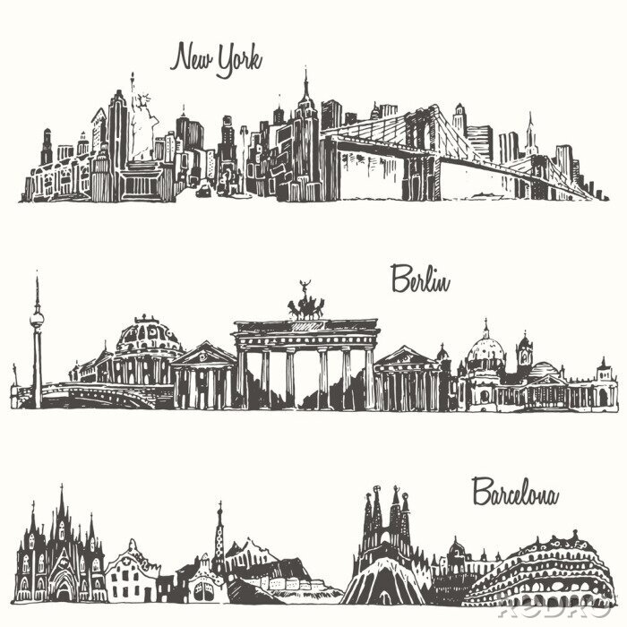 Sticker Set steden New York Berlin Barcelona vector schets
