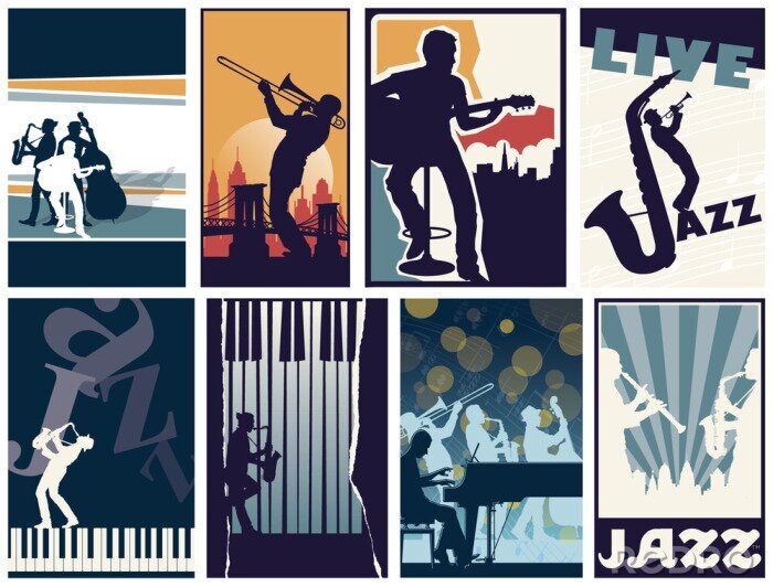 Sticker Set van 8 verschillende vector jazz posters