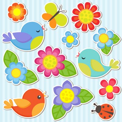 Sticker Set van bloemen en vogels
