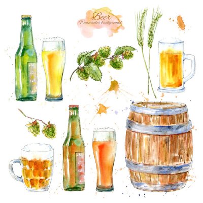 Sticker Set van een glas bier, fles, gerst, mout en hop. Beeld van een alcoholische drank. Aquarel hand getrokken illustratie. Witte achtergrond.