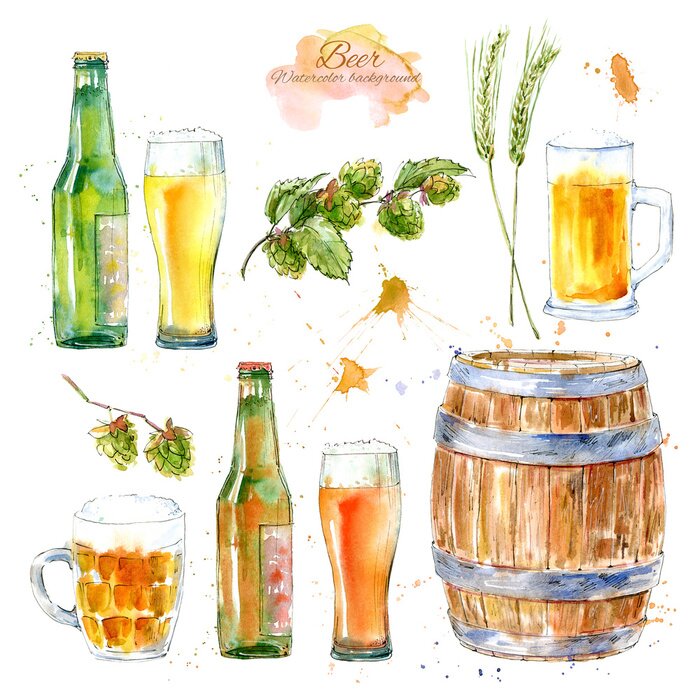 Sticker Set van een glas bier, fles, gerst, mout en hop. Beeld van een alcoholische drank. Aquarel hand getrokken illustratie. Witte achtergrond.