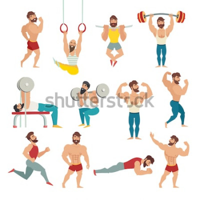Sticker Set van gespierde, bebaarde mans vectorillustratie. Fitnessmodellen, poseren, bodybuilding. Sportmensen in de sportschool. Gymnastiek ringen, uitgevoerd. Geïsoleerde vector, witte achtergrond