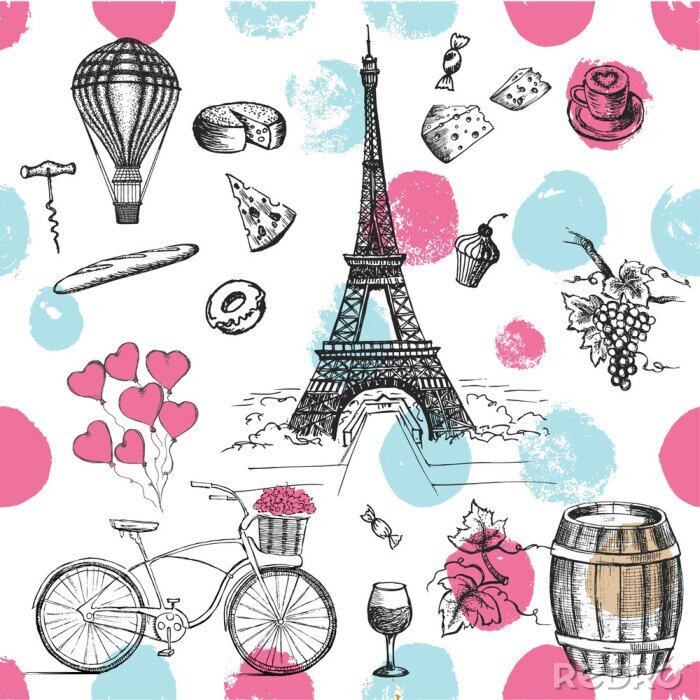 Sticker Set van hand getekende Franse pictogrammen, Parijs schets illustratie