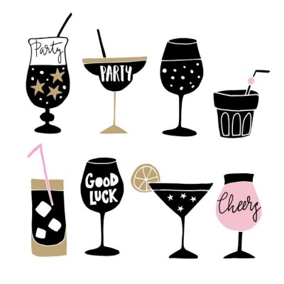 Sticker Set van hand getrokken alcoholische dranken, cocktails met belettering citaten. Gelukkig Nieuwjaar viering concept. Geïsoleerde vectorpictogrammen.