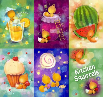 Sticker Set van kaarten met kleine eekhoorns in de keuken.