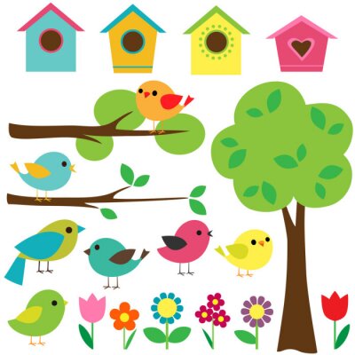 Sticker Set van kleurrijke grafische vogels bomen bloemen