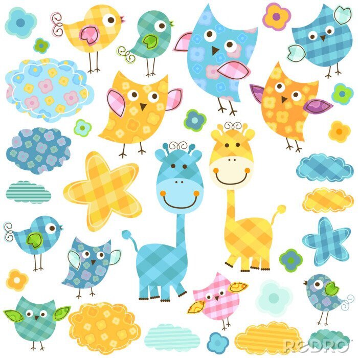 Sticker Set van kleurrijke grafische vogels giraffen wolken