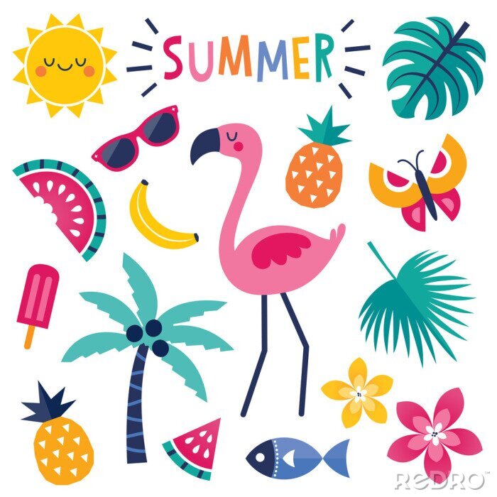 Sticker Set van kleurrijke zomer elementen met roze flamingo geïsoleerd