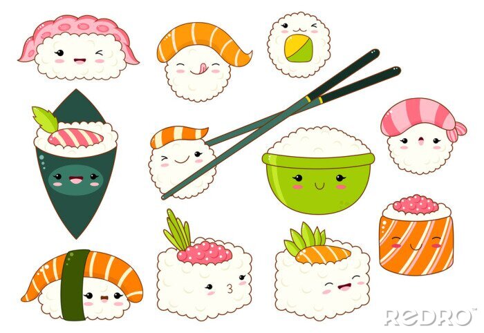 Sticker Set van schattige sushi en broodjes pictogrammen in kawaii stijl