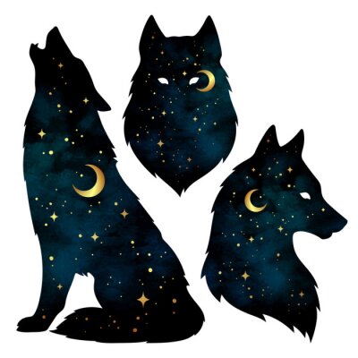 Sticker Set van wolf silhouetten met wassende maan en sterren geïsoleerd. Sticker, afdrukken of tatoeage ontwerp vectorillustratie. Heidense totem, bekende vertrouwde geestkunst
