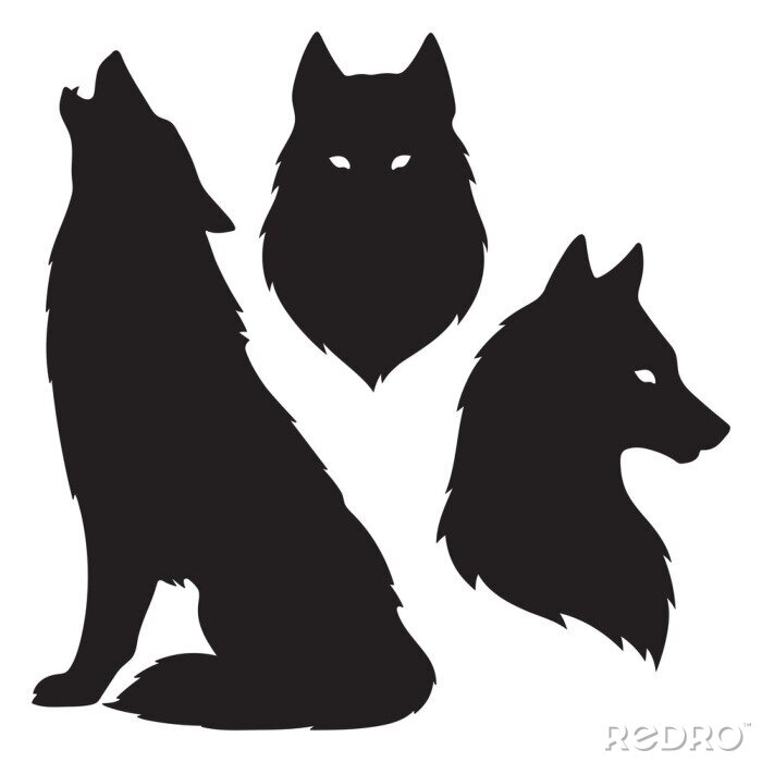 Sticker Set van wolfsilhouetten geïsoleerd. Sticker, print of tattoo ontwerp vector illustratie. Heidense totem, wiccan bekende geestelijke kunst
