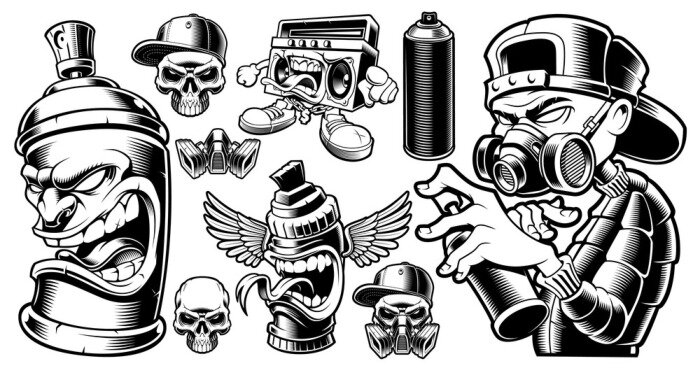 Sticker Set van zwart-witte graffiti-personages.