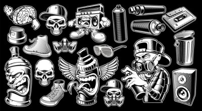 Sticker Set van zwart-witte graffiti stickers.