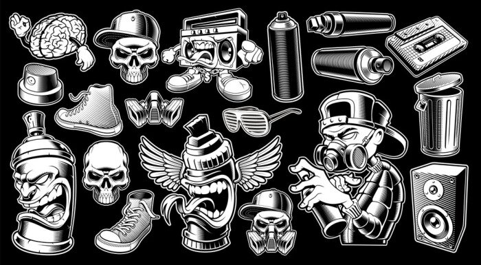 Sticker Set van zwart-witte graffiti stickers.