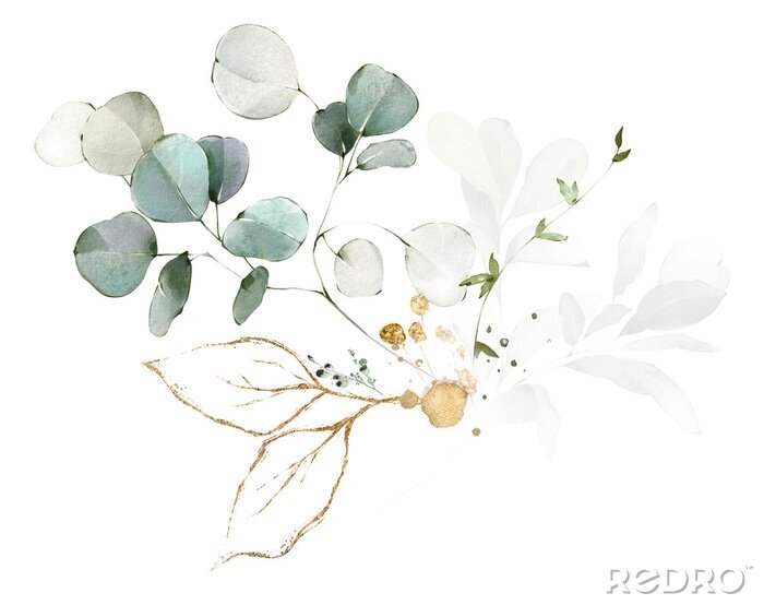Sticker Set watercolor arrangements with garden herbs. collection leaves, branches. Botanic illustration isolated on white background.