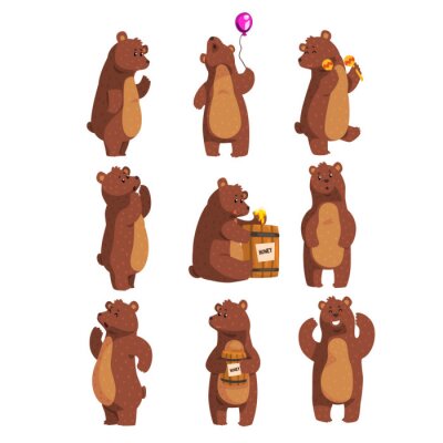 Sticker Set with funny bear. Forest animal waving by paw, holding balloon, dancing, howling, calling someone, eating honey from wooden barrel, smiling. Flat vector design