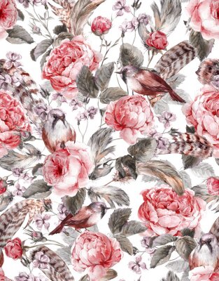 Sticker Shabby chic bloemenpatroon met vogels