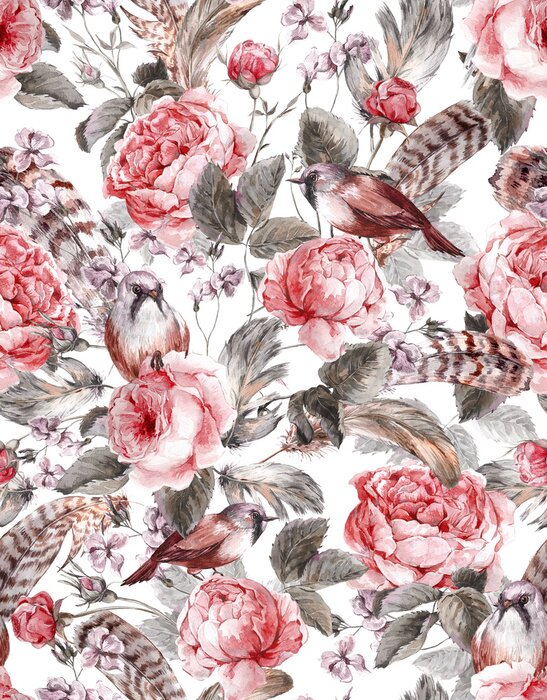 Sticker Shabby chic bloemenpatroon met vogels