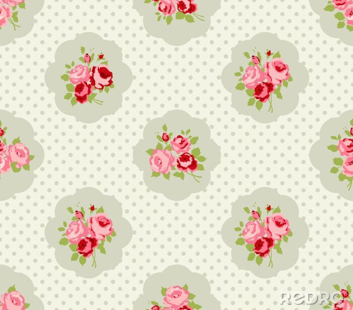Sticker Shabby chic met roze bloemen en grijze stippen