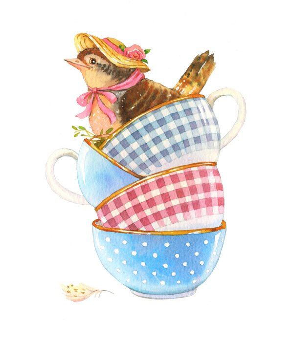 Sticker Shabby illustratie met een vogel in een hoed