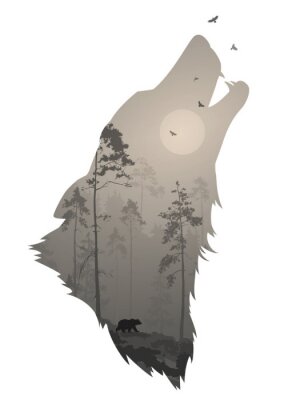 Sticker silhouet van het hoofd van de huilende wolf. Binnen is het een nachtelijk bos met een beer en vogels. Vectorillustratie, witte achtergrond, geïsoleerd voorwerp