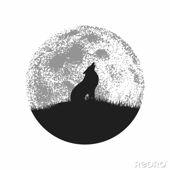 Sticker Silhouet van huilende wolf op volle maanachtergrond
