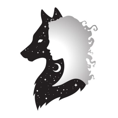 Sticker Silhouet van mooie vrouw met schaduw van wolf met halve maan en sterren geïsoleerd. Sticker, print of tattoo ontwerp vector illustratie. Heidense totem, wiccan bekende geestelijke kunst