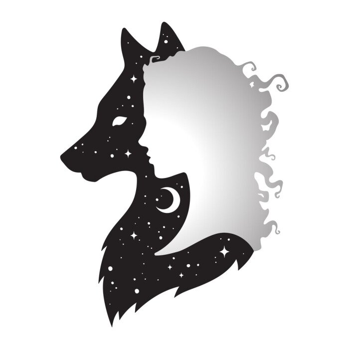Sticker Silhouet van mooie vrouw met schaduw van wolf met halve maan en sterren geïsoleerd. Sticker, print of tattoo ontwerp vector illustratie. Heidense totem, wiccan bekende geestelijke kunst