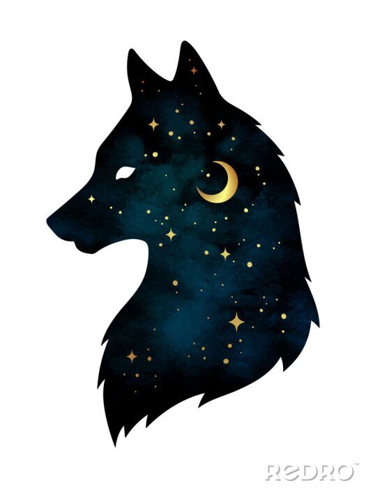 Sticker Silhouet van wolf met halve maan en sterren geïsoleerd. Sticker, print of tattoo ontwerp vector illustratie. Heidense totem, wiccan bekende geestelijke kunst