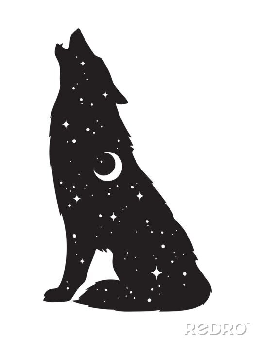 Sticker Silhouet van wolf met halve maan en sterren geïsoleerd. Sticker, zwart werk, print of flash tattoo ontwerp vector illustratie. Heidense totem, wiccan bekende geestelijke kunst