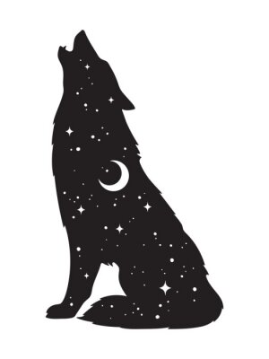 Sticker Silhouet van wolf met halve maan en sterren geïsoleerd. Sticker, zwart werk, print of flash tattoo ontwerp vector illustratie. Heidense totem, wiccan bekende geestelijke kunst