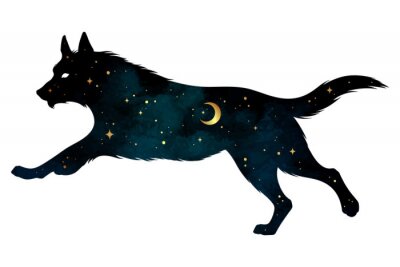 Sticker Silhouette of wolf with crescent moon and stars isolated. Sticker, print or tattoo design vector illustration. Pagan totem, wiccan familiar spirit art