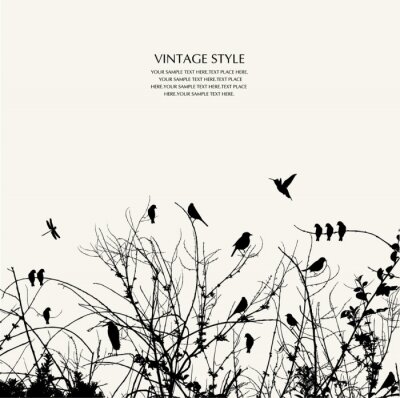 Sticker Silhouetten van struiken en vogels op een witte achtergrond