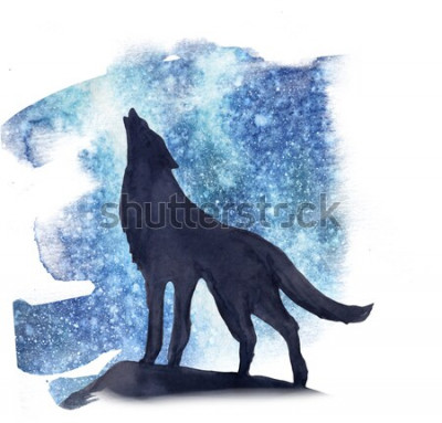 Sticker silhouetwolf op de achtergrond van de noorderlichtwaterverf. Noorderlicht