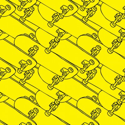 Sticker skateboard in outline style hand drawing vector illustration seamless pattern isolated in yellow background